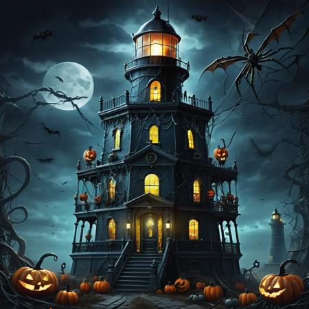 00393-[number]-4289668025-((realistic,digital art)), (hyper detailed),h4l0w3n5l0w5tyl3DonMD4rk Spooky Lighthouse, Nightmarish, Spider Webs, Jack-o'-Lanter.png